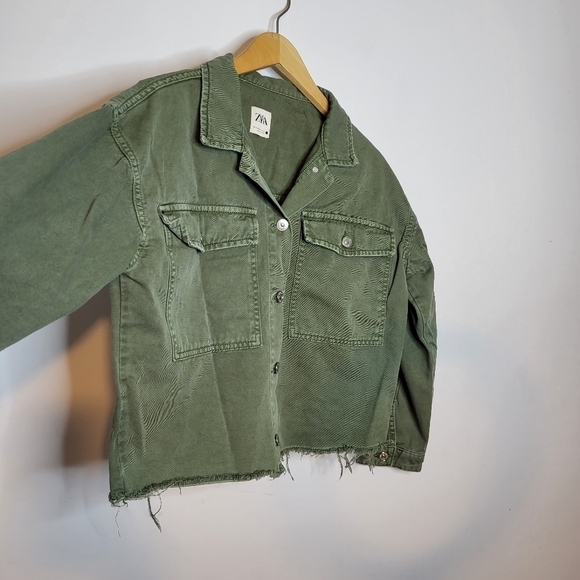 ZARA Army Green Denim Jean Shacket Size XS - Picture 5 of 9